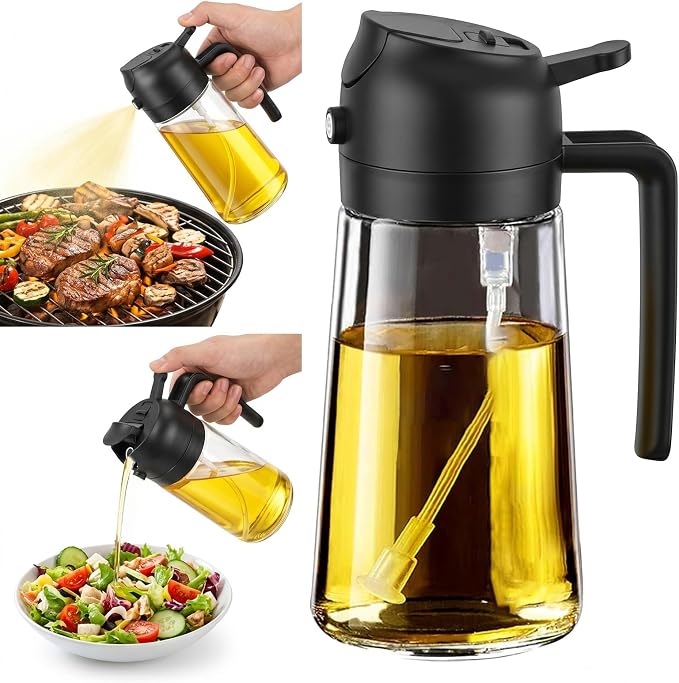 16oz/470ml Oil Sprayer for Cooking, 2 in 1 Oil Dispenser for Kitchen, Olive Oil Sprayer, Food Grade Glass Bottle for Kitchen Gadgets, Air Fryer Accessories, Salad, BBQ (Black)