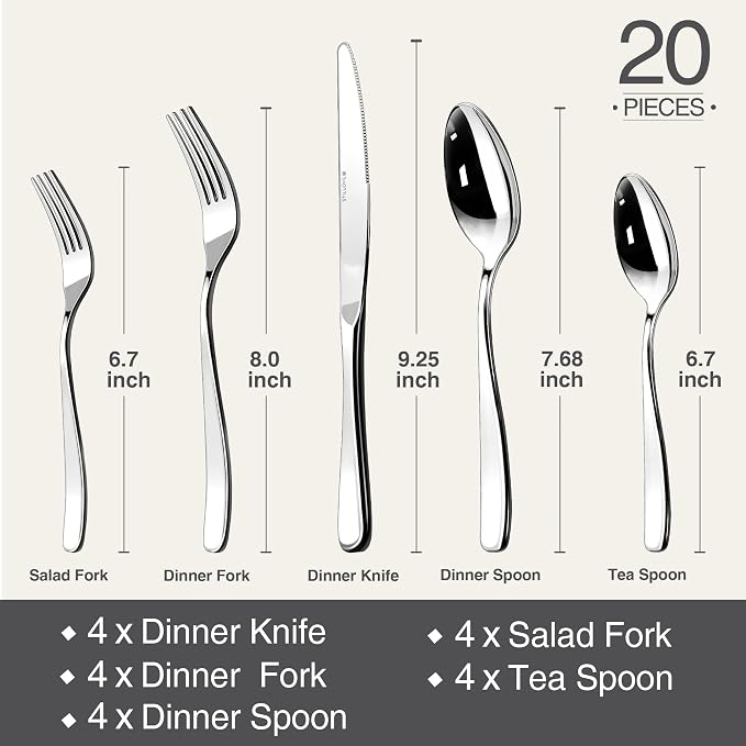 18/10 Silverware Set for 4, 20 Piece Stainless Steel Flatware Cutlery Set | Mirror Polished knives Forks and Spoons Utensils Heavy Silverware Sets,Dishwasher Safe for Dinner Home Kitchen,Wedding Party