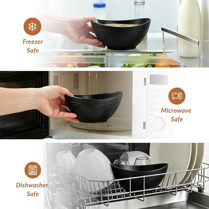 Wheat Straw Serving Bowls Unbreakable Oval Bowls Set of 6 Soup Bowls Microwave Safe Cereal Bowls for Kitchen, Camping, Party Dishwasher Safe Plastic Bowls for Dinner, Soup (26 OZ Black)