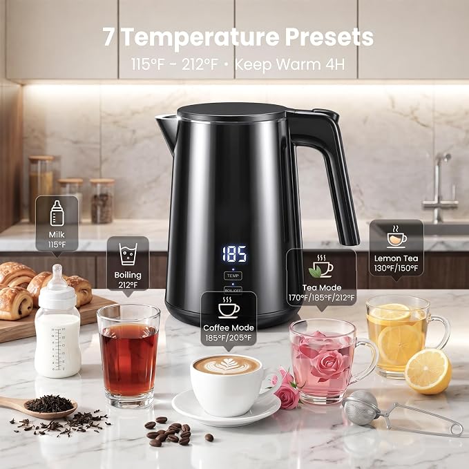 Electric Kettle 1.0L, 1200W Fast Boiling, 7 Temp Settings & 4H Keep Warm | Stainless Steel Inner, BPA-Free, Auto Shut-Off, Water Boiler, Cool Touch Exterior, Tea Coffee Kettle for Home Office, Black