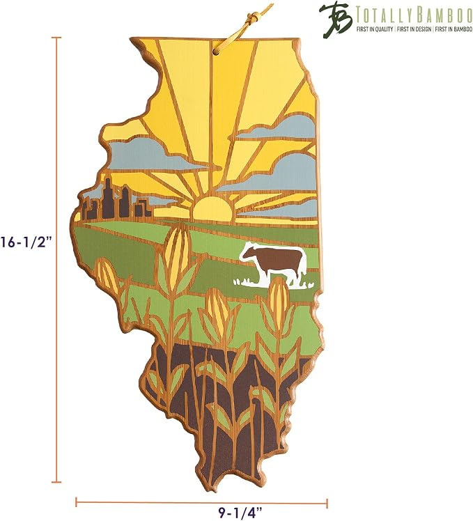 Totally Bamboo Illinois State Shaped Cutting Board, Summer Stokes Art | State charcuterie board with colorful hand-drawn landscape art. Smooth reverse side for food prep. Hang tie for wall display.