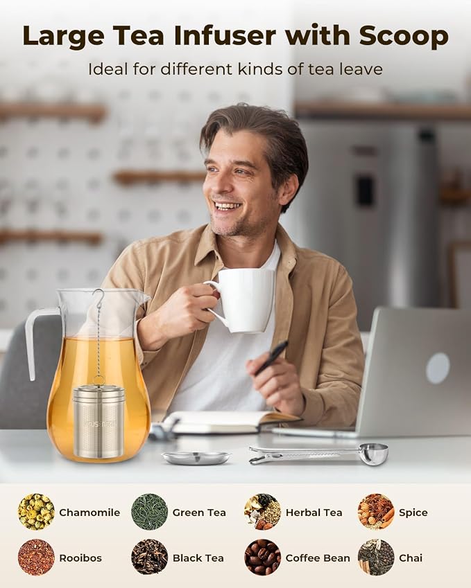 HOUSE AGAIN Large Tea Infuser, Extra Fine Mesh Tea Strainers for Loose Tea, 18/8 Stainless Steel Tea Strainer with Extended Chain Hook, Tea Steeper for Brew Tea, Spices & Seasonings for Multi Cups
