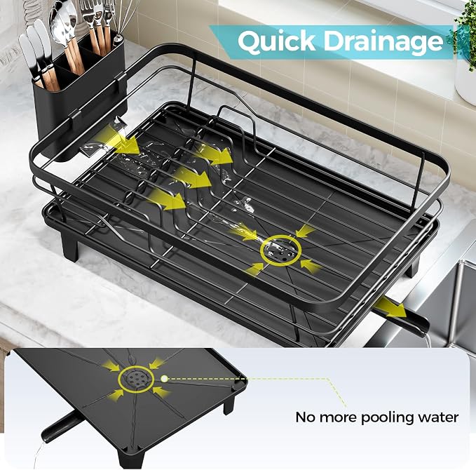 Urakify Dish Drying Rack for Kitchen Counter, 16.5" L x 12.2" W, Black | Large Dish Drainer with Cutlery Holder, Sink Dish Rack with Drainboard for plate dish silverware, Space Saving