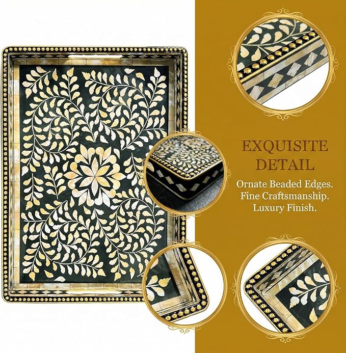 Boho Serving Tray with Handles, 15.7”x11.8” Rectangular Decorative Plastic Tray (Vintage Black & Gold) for Coffee Table, Ottoman, Living Room – Multipurpose Deco