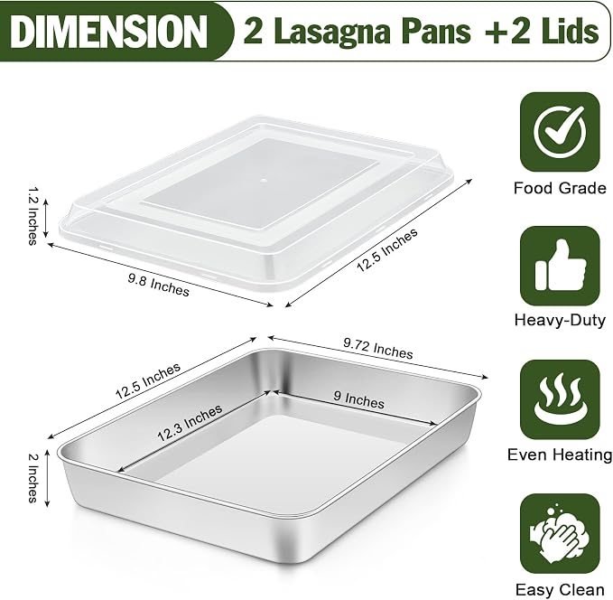 TeamFar Baking Pan with Lid, 12.5"x9.8" Rectangule Cake Pans- 2Pans + 2Lids | Stainless Steel Lasagna Pans with Covers for Cake Brownie Casseroles, Birthday Party Outdoor, Healthy, Oven & Dishwasher Safe