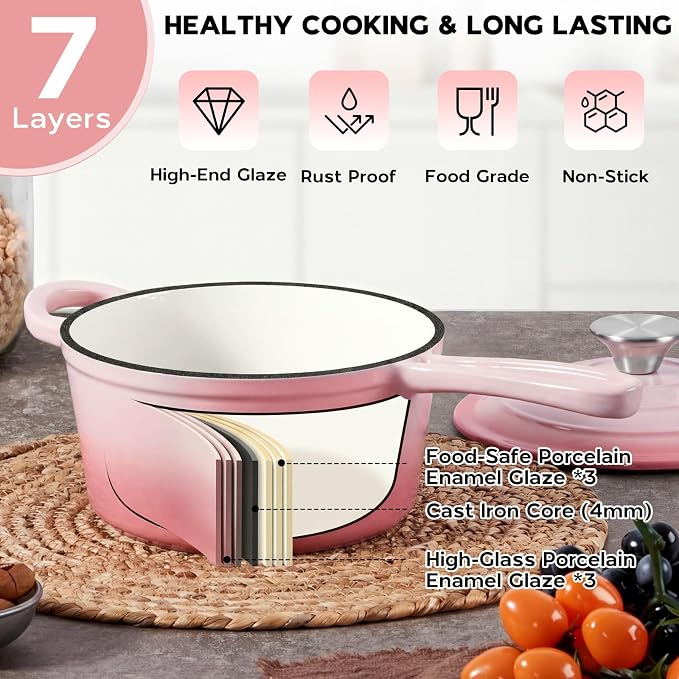 Onader Cast Iron Sauce Pan Pot, 1QT & 2QT Small Saucepan with Lid, Enameled Cast Iron Dutch Oven Cooking Kitchen Pot – Pink
