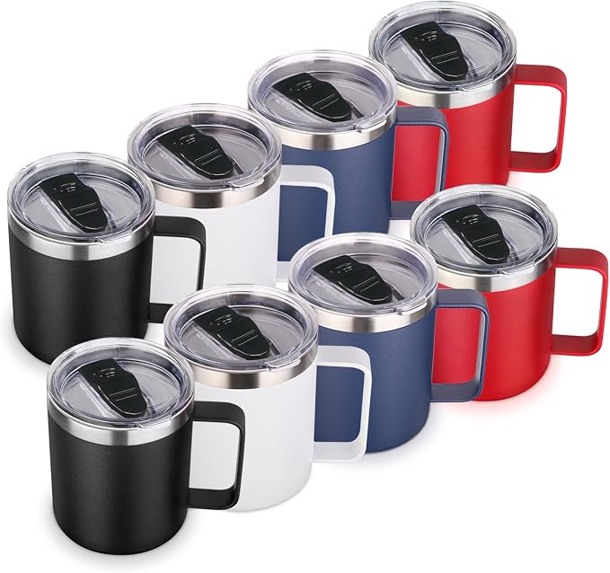 Volhoply 14oz Insulated Stainless Steel Coffee Mug with Lid Bulk 8 Pack,Double Wall Vacuum Travel Coffee Cup with Handle,Reusable Cups Tumbler Cup, Camping Mugs Keep Hot,Ideal Gifts(Assorted,8)