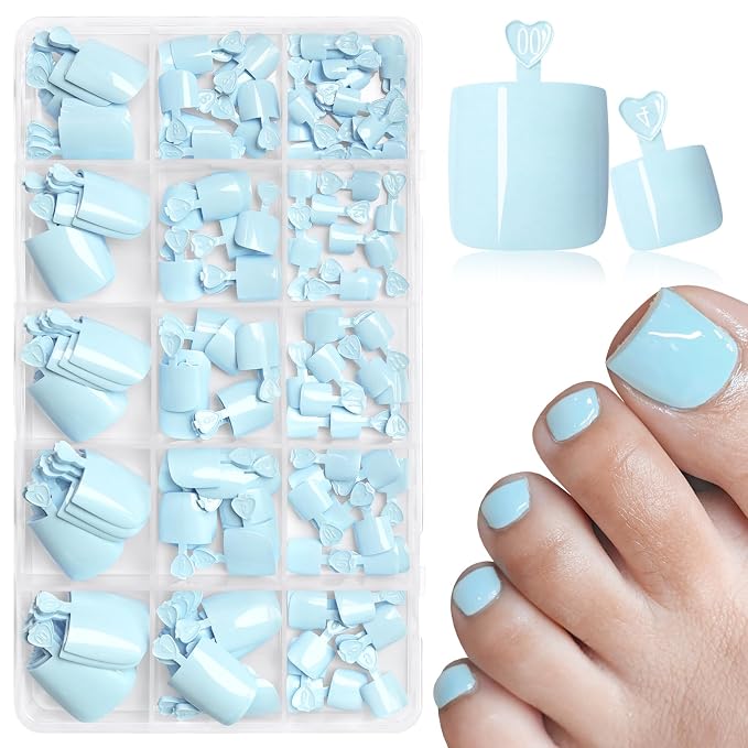 AddFavor 160pcs Blue Press on Toenails for Women, Full Cover Fake Toe Nail Tips with Adhesive Tabs, Artificial Pedicure Toe Nail Press ons, Blue False Toenail Press ons
