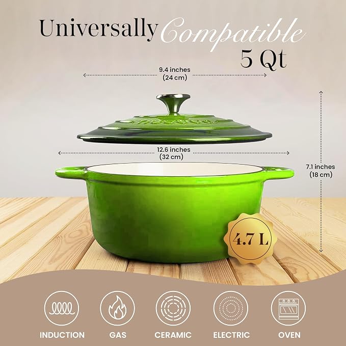 Cast Iron Pot with Lid-Non-Stick Ovenproof Enamelled Casserole Pot, Oven Safe up to 500° F-Sturdy Dutch Oven Cookware - Green, 5-Quart, 24cm-by Nuovva