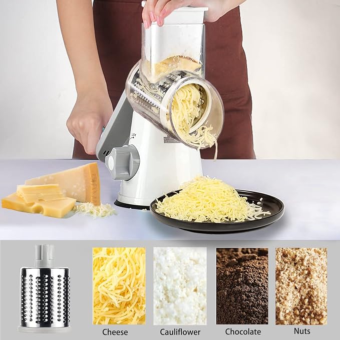 Handheld Rotary Cheese Grater Shredder- 3 Interchangeable Stainless Steel Drum Blades Manual Round Mandolin Vegetable Slicer Nut Grinder with Upgraded Strong Suction Base & Free Sharp Peeler, White