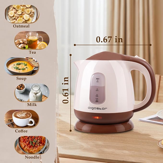 Aigostar Small Electric Kettle, 1L Portable, 1100W, Brown | Electric Tea Kettle, Automatic Shut-Off and Boil Dry Protection, Travel Hot Water Boiler Cordless, For Making Coffee and Tea