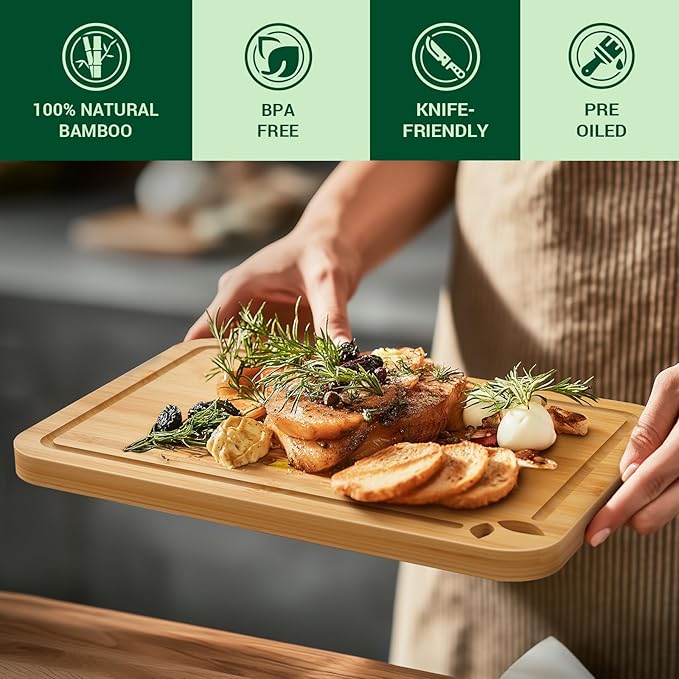 Bamboo Cutting Boards for Kitchen, Wooden Cutting Boards, 13 x 9.5 inch | Knife-Friendly Chopping Boards with Silicone Mat, Charcuterie Boards with Side Handles and Juice Grooves