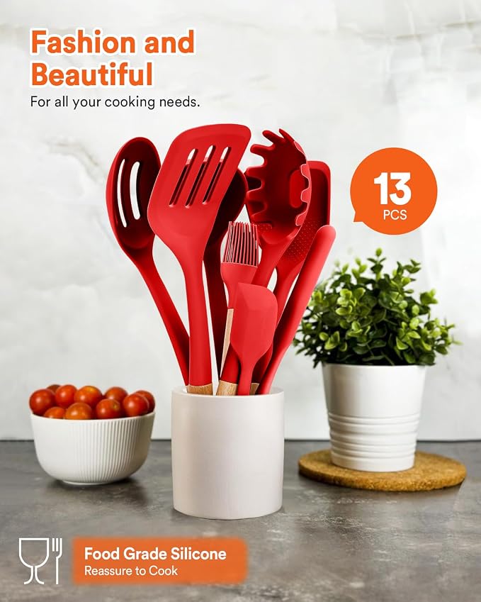 13PCS Silicone Kitchen Utensils Set for Nonstick Cookware, Red | Food Grade, Heat Resistant Kitchen Utensil Spatula Set, Wooden Handles Kitchen Gadgets Tools Set