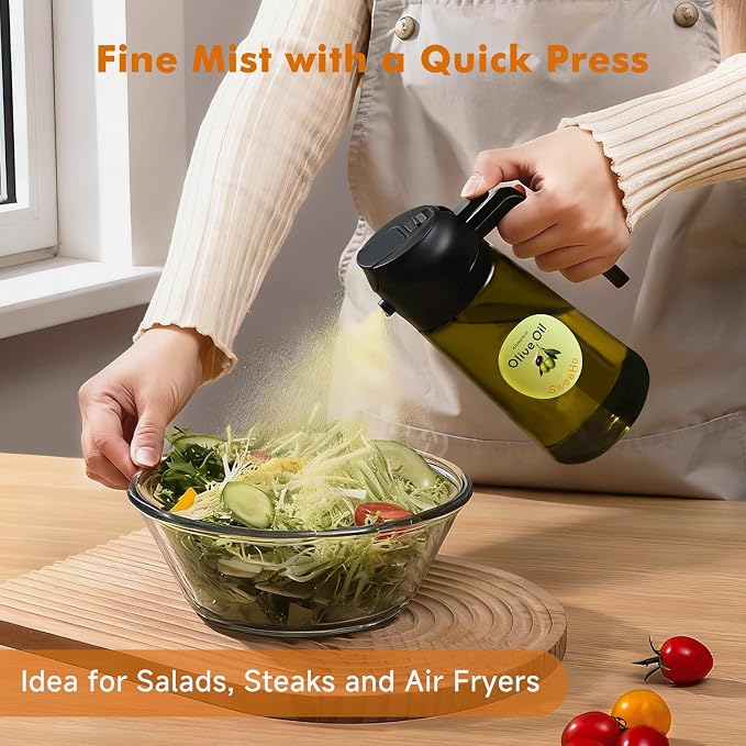Oil Sprayer for Cooking,470ml Cooking Olive Oil Sprayer and Oil Dispenser 2 In 1, Food-grade Glass Oil Spray Bottle Mister for Air Fryer, BBQ, Griddle (Black+dark green glass and color label)