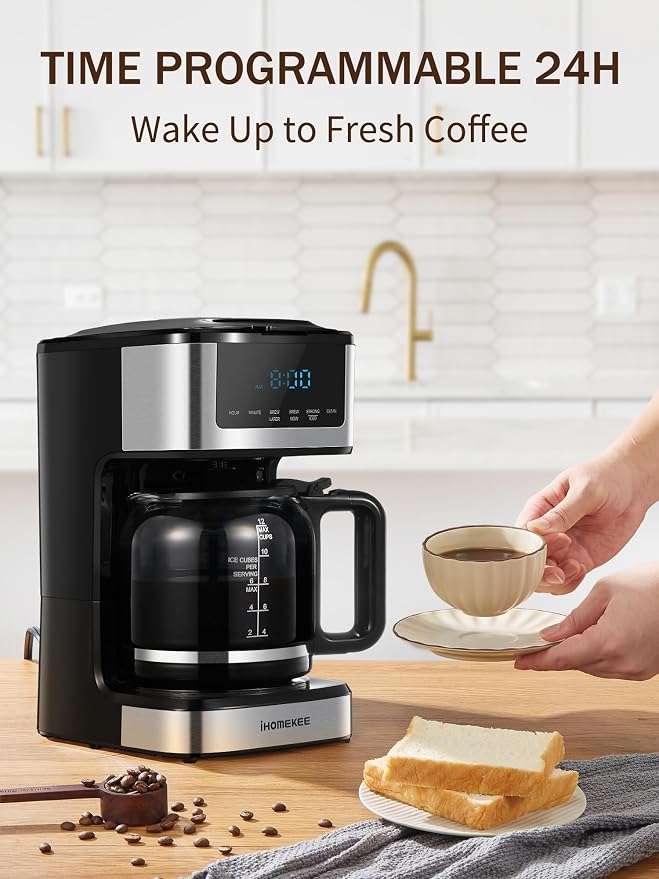 Ihomekee Coffee Maker, Programmable Drip Coffee Machine 12 Cup | Regular & Strong Brew Model, Iced Coffee Function for Home and Office, Black & Stainless Steel (Black,Silver)