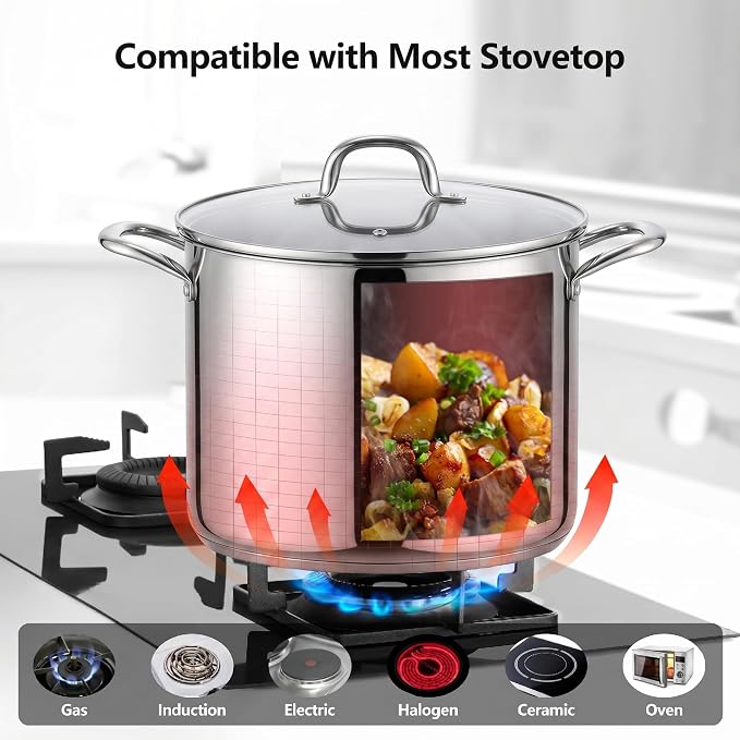 Homikit Large Stock Pot 14 Quart, Stainless Steel Chicken Soup Pot with Lid for Canning Steaming Stewing, Tri-ply Heavy Bottom Cooking Boiling Pasta Induction Stockpot, Dishwasher Safe