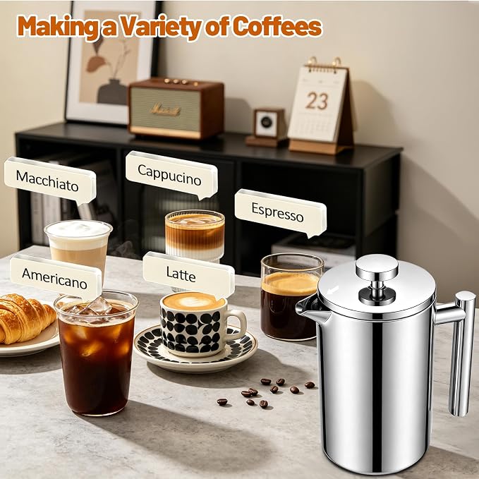 304 Thickened Stainless Steel 800ml French Press 27.05oz Moka Pot | Coffee Maker French Coffee Presses Cold Brew Cafetera Tea pot for Home & Camping Gifts Decor Bar Accessories Silver