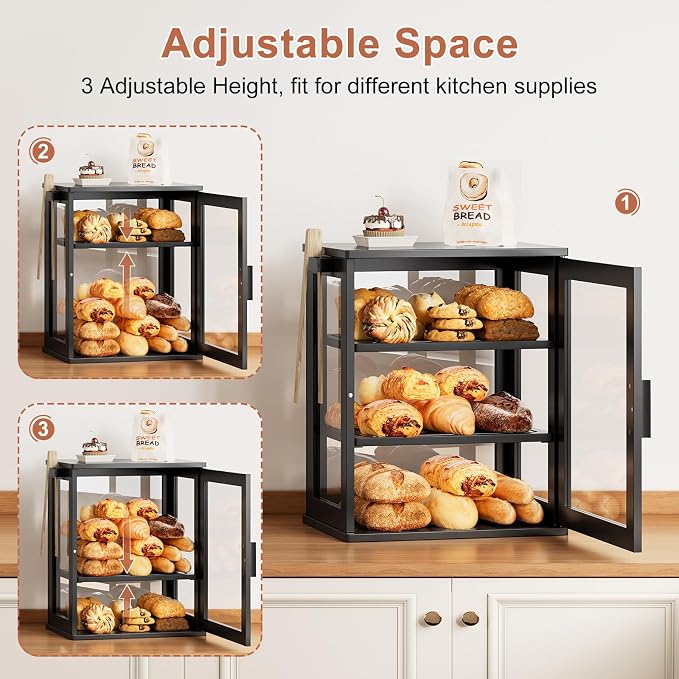 WOWLIVE Bread Box for Kitchen Countertop, 3 Layers Bread Storage Container | Large Bamboo Bread Bin for Homemade Bread with Window, Farmhouse Breadbox Organizer for Kitchen, Cabinet, Black, Meduim