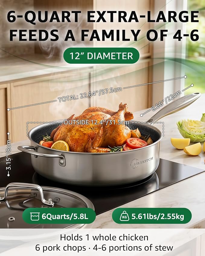 LOLYKITCH 6-Quart Large Frying Pan with Lid | 12 Inch | Detachable Handle | Tri-Ply Stainless Steel | Hybrid Nonstick Ceramic Coated | Deep Skillet | Saute Pan for Family Meals | Induction Oven-Safe