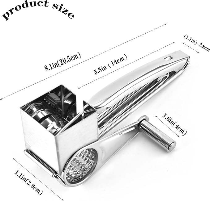 Handheld Cheese Grater Shredder, Stainless Steel | Effortless Hand Crank Rotary Design - Quickly Prep Parmesan, Vegetables, Nuts for Salads, Pasta & & Easy-Clean Kitchen Tool
