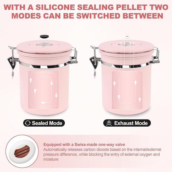 ShanSon Coffee Canister Airtight, Stainless Steel Bean Storage Container with Date Tracker & Scoop, Grounds Sugar Flour Tea Cereal Fits Kitchen Pantry, Ideal Gift for Coffee Lovers,12oz, Pink