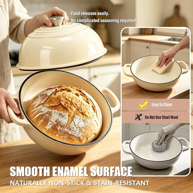 Cast Iron Bread Dutch Oven 6QT Pink Enameled with Lid | Even Heat and Steam for Crispy Crust, Easy-release Enamel, All Stovetops, Safe to 500F, For Sourdough and Artisan Bread