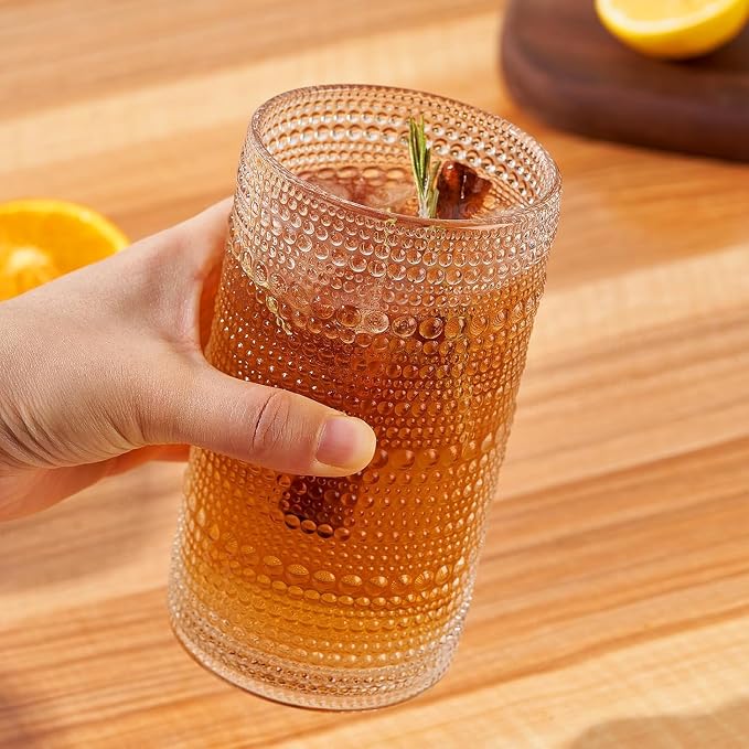 16oz Hobnail Drinking Glasses Set of 6, Vintage Large Capacity Embossed Clear Tumblers, Highball Glasses for Water, Cocktail, Beer, Whiskey, Juice & Bar Use