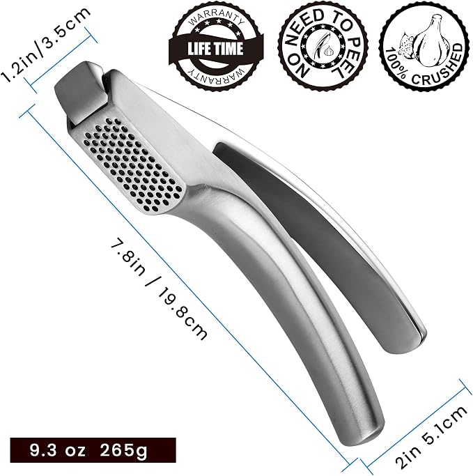 Gourmet Easy Lifetime Replacement Garlic Press, No Need to Peel, Fine Mince | Detachable Design for Easy Cleaning, Ergonomic Handle for Effortless Press, Stainless Steel Rust-Resistant, Dishwasher Safe