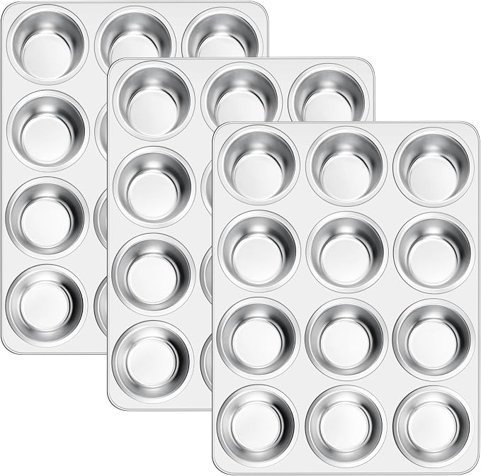 E-far Muffin Pan 12-Cup, 3-Pack Stainless Steel Cupcake Pan for Oven | Non-Toxic Metal Muffin Tins for Baking Muffins & Cupcakes, Regular Size & Easy Clean, Dishwasher Safe