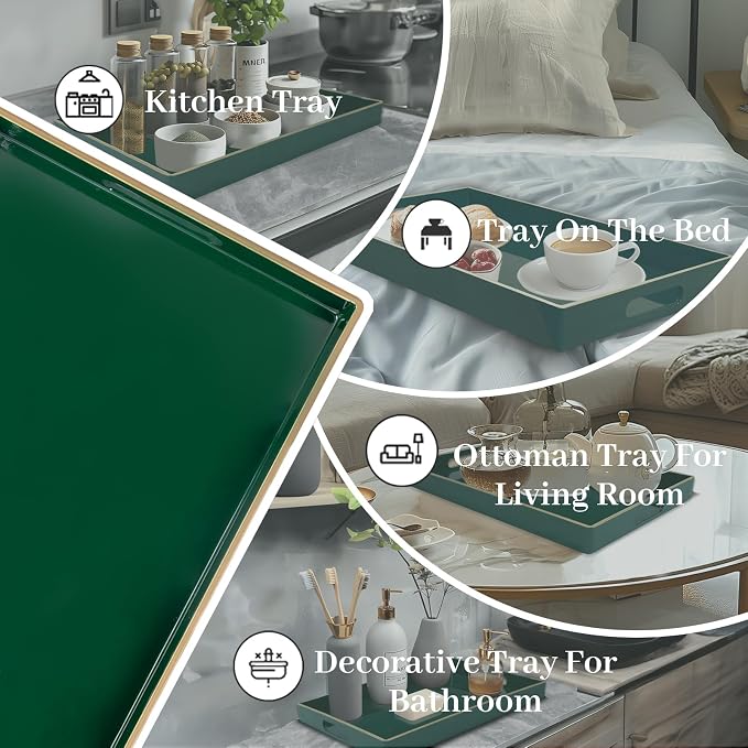 Dark Green Decorative Tray for Ottoman, Serving Tray with Handles | Plastic Coffee Table Tray, Modern Melamine Tray, Rectangle Countertop Organizer Tray for Living Room, 15.8"L x 10.2"W x 1.4"H