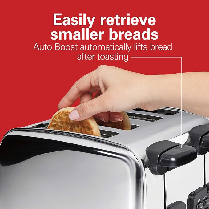 Hamilton Beach Retro 4 Slice Toaster With Sure-Toast Technology, Wide Slots | Browning Control With 9 Shades | Auto Shutoff | Bagel, Defrost, Cancel | Toast Boost | Polished Stainless Steel | 24782G