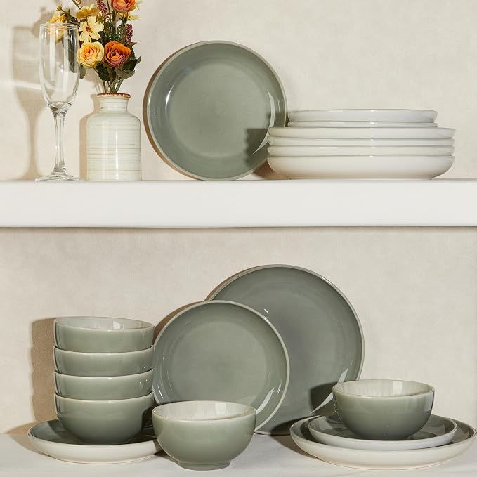 Stoneware Dinnerware Sets, Ceramic Plates and Bowls Set, Microwave & Dishwasher Safe Kitchen Dish Set, Modern Dinner Salad Plates | Cereal Bowls for 4, Dishware Sets Gray Green