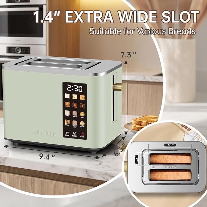 SEEDEEM 2 Slice Toaster with Full Touch Screen, Stainless Steel, 6 Bread Types & 6 Shade Settings, Countdown Display, Removable Crumb Tray, 900W, Green
