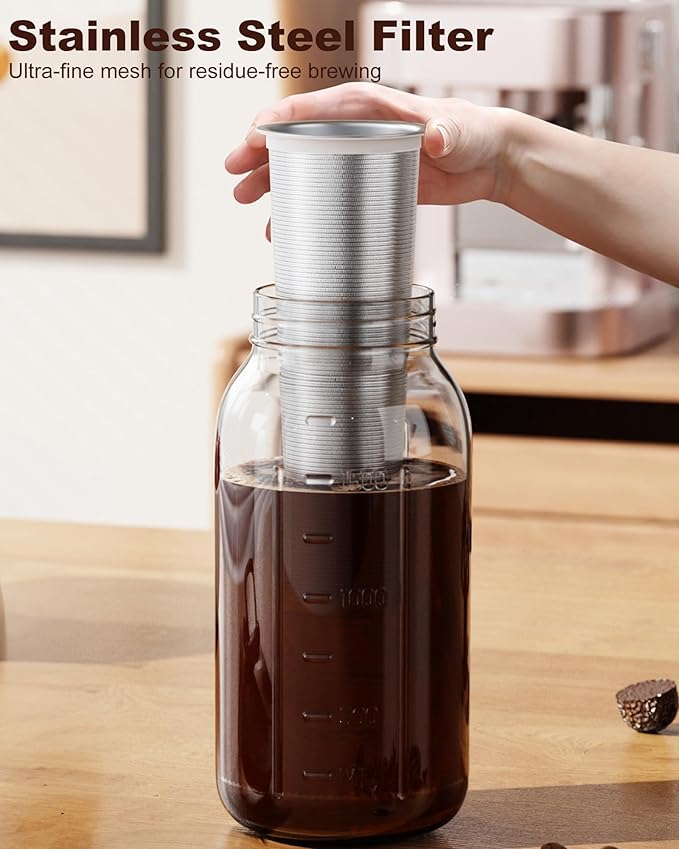 64 oz Cold Brew Coffee Maker, Mason Jar Pitcher with 304 SS Filter | 100μm Fine Mesh, Stainless Steel Filter, Airtight, Leakproof, Pour Flip Spout, Ergonomic Handle, Wide Mouth, Heavy-Duty Glass