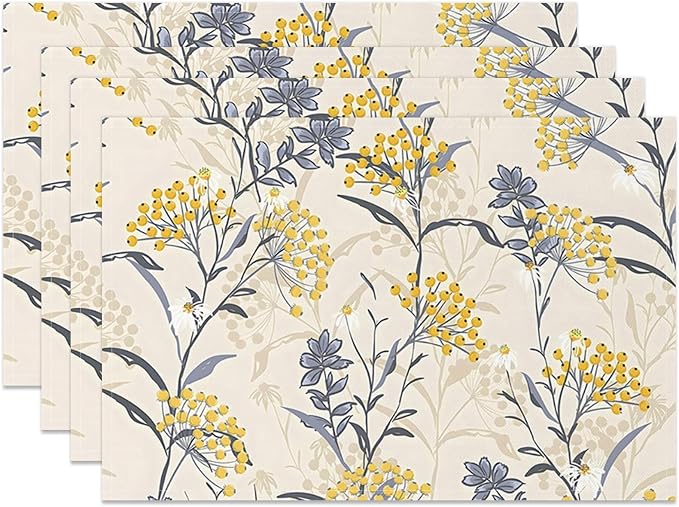 Floral Table Placemats Set of 4 Summer Flower Linen Cotton Washable Table Mats Heat Resistant Reusable Place Mat for Kitchen Dining 12x18 Inch