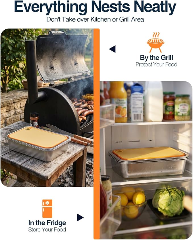 5 in 1 Grill Prep Tray and Carry System, Large Grilling Prep and Serve Trays with Lid and Cutting Board, Deep Meat Marinating Container as BBQ Grilling Gift, Home Series, XL