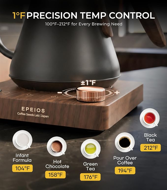 Epeios Gooseneck Electric Kettle with Temp Control,1200W,0.9L,Black Walnut | Rapid Heating, for Pour Over Coffee & Tea,Hot water Boiler,Brew Timer, 304 Stainless Steel Interior, Auto Shut-Off