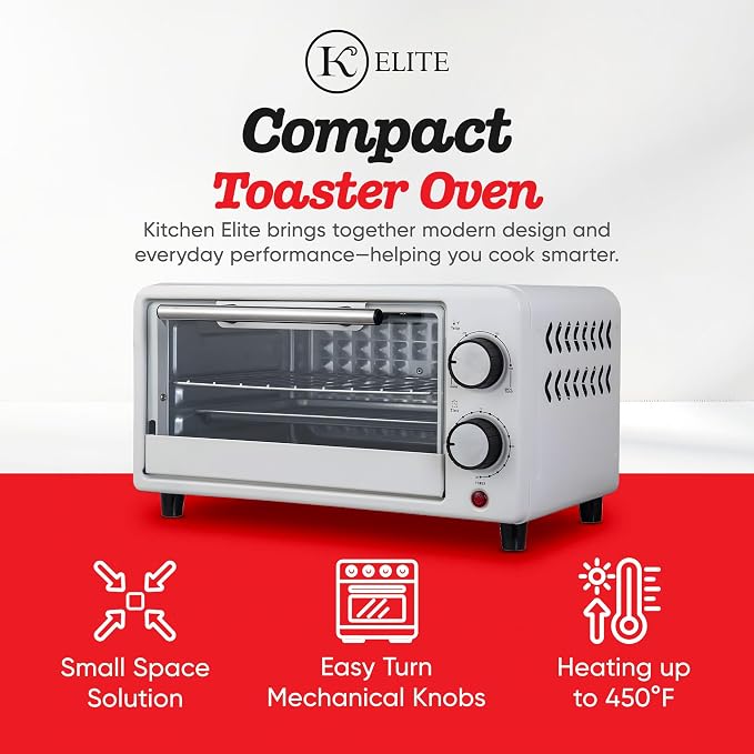 Kitchen Elite 4-Slice Countertop Toaster Oven, Stainless Steel Tray, White