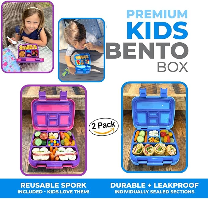 kinsho Bento Lunch Box Container for Small Kids 2 Pack (Blue & Pink Purple) | 5 Portion Sections, BPA-Free Spill-Proof Leakproof Removable Plastic Tray, Snacks and Lunches for Toddlers Pre-School Daycare