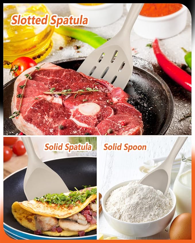 Pack of 3 Silicone Spatula, Non Stick Cooking Utensil Set, Khaki | Heat Resistant, Non Scratch, Wooden Handle Kitchen Turner for Baking Mixing Grilling Serving Food