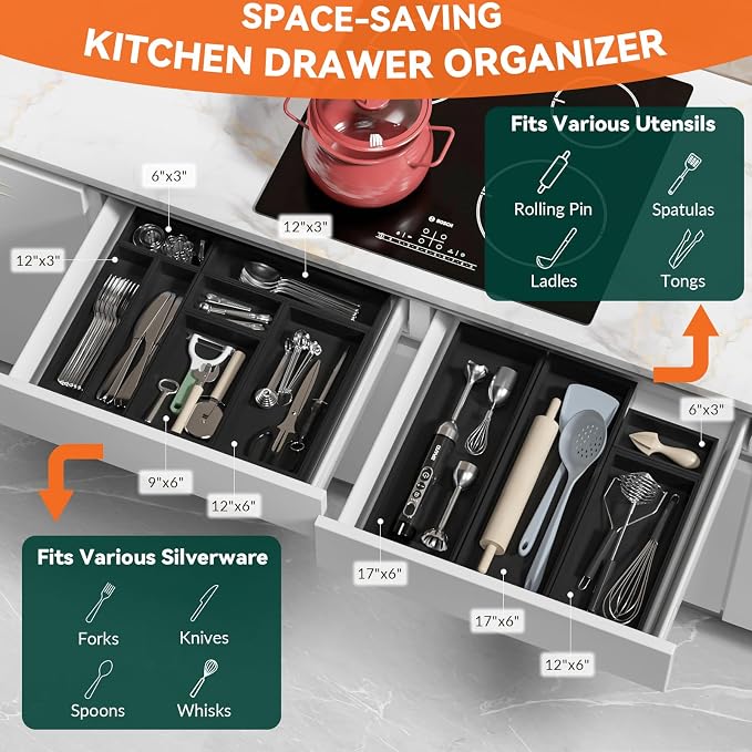 Lixple Bamboo Drawer Organizer, Cutlery Silverware Organizer for Kitchen Drawer, Stackable Utensil Organizer, 2 Pcs Flatware Organizer, Wooden Storage Box Tray (Black, 9 X 6 X 2 Inch)