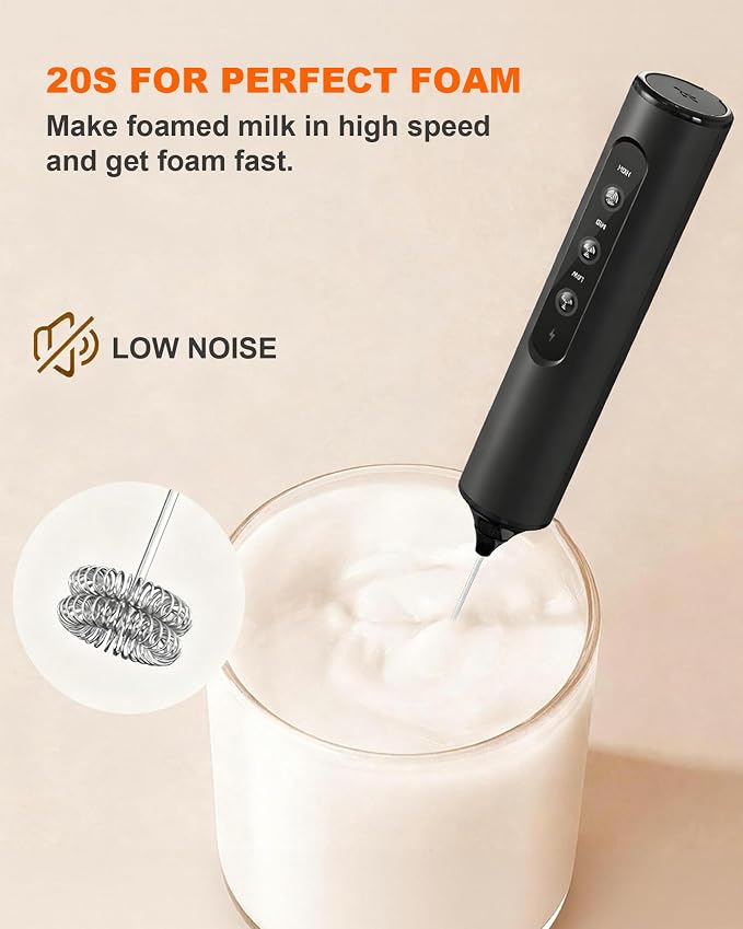 3-Speed Electric Milk Frother Handheld Foam Maker, Black | 3 Whisks & Dual Coil Whisk, TYP-C Rechargeable, Travel Case - Frother for Coffee, Matcha, Hot Chocolate