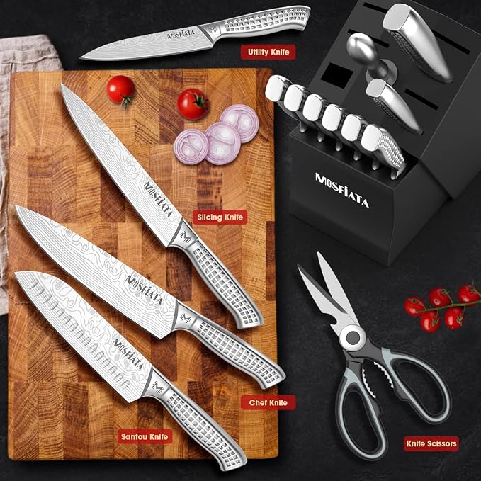 MOSFiATA Japanese Stainless Steel Knife Set, 17 Pcs with Block | Knife Sharpening Rod, Dishwasher Safe, Dad Birthday Gift