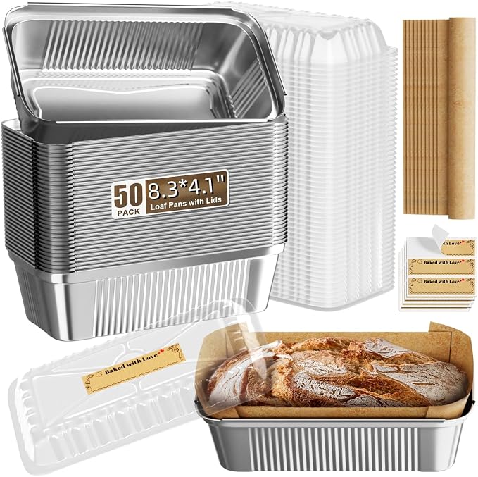 Gyreuni 50 Pack Disposable Loaf Pans with Lids,8.3" X 4.1" X 2.2" Bread pan | 2.4Lb Heavy Duty Disposable baking Pans Complete baking kit with loaf pans,Clear lids, parchment paper sheets,stickers.