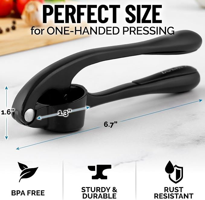 Zulay Kitchen Premium Garlic Press Set - Rust Proof Professional Garlic Mincer Tool - Easy-Squeeze, Easy-Clean with Soft, Ergonomic Handle - Silicone Garlic Peeler & Brush (Black)