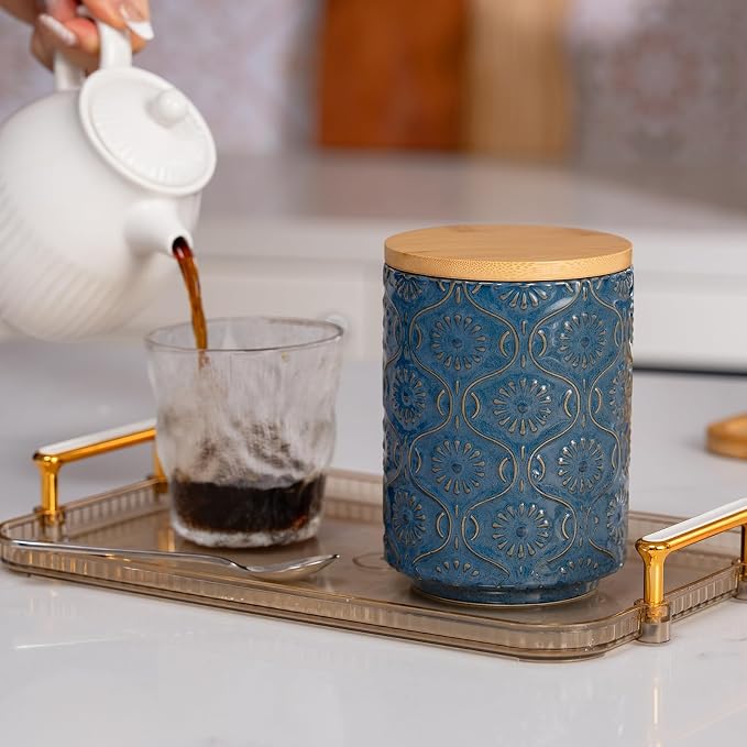 TEATALK Embossed Ceramic Canister, Stylish Airtight Storage for Kitchen, Coffee, Tea, Sugar, 23 Fl Oz, Darkblue