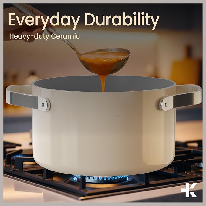 Bakken 3 Quart Ceramic Coated Stock Pot with Lid, Easy to Clean Nonstick Pot, Tempered Glass Lid, Riveted Stainless Steel Handles, Oven Safe Up To 500°F, PTFE & PFAS Free, All Stove Compatible, Cream
