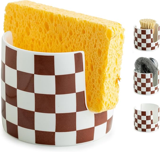 Zoeeker Sponge Holder for Kitchen Sink, Ceramic Checkered Dish Sponge Caddy | Sink Caddy Scrubby Holder Kitchen Organizer Dish Brush Holder for Sink Countertop, Farmhouse Kitchen Decor, Brown and White