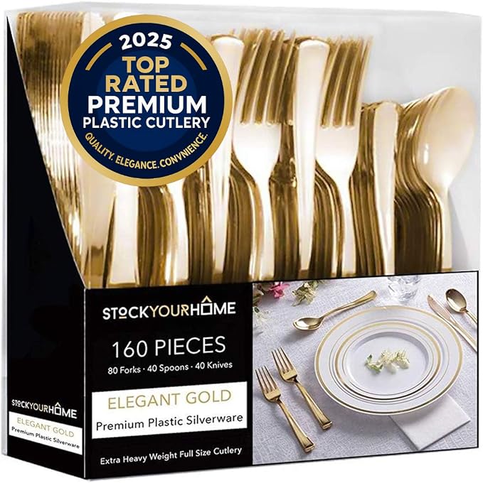 Gold Plastic Silverware Set (160 Bulk Pack) Disposable Cutlery Utensils, 80 Forks, 40 Knives, 40 Spoons, Heavy Duty Flatware For Holidays, Parties, Dinners, Weddings, and Occasions