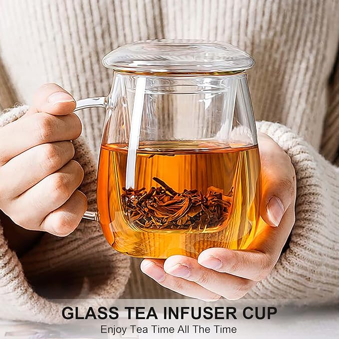 Clear Glass Teacup with Infuser and Lids for Blooming & Loose Leaf, 17oz | Borosilicate, Heat Resistance, Lead-free, Microwave & Dishwasher Safe